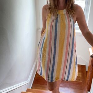 C&C Collection Medium Pastel Rainbow Striped Linen Halter Style  Dress